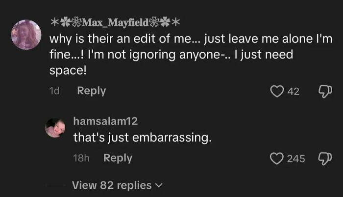 Screenshot of weird and funny TikTok comments showing one user asking for space and another calling it embarrassing.