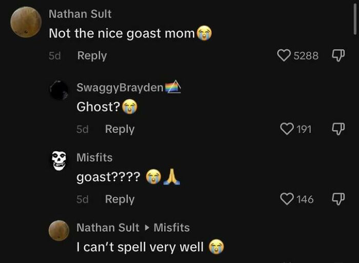 Screenshot of funny and weird TikTok comments with a misspelled word and laughing emojis in a dark mode interface.