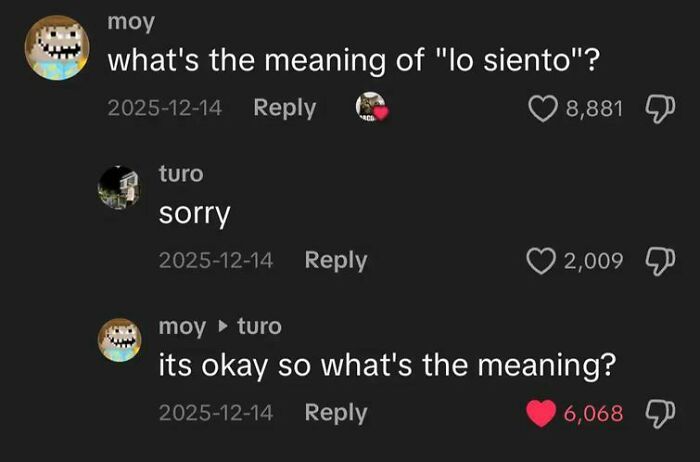 TikTok comments showing a funny conversation about the meaning of "lo siento" with weird and unhinged replies.