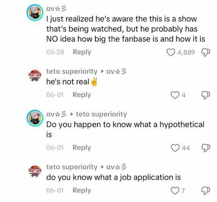 Screenshot of weird and funny TikTok comments showing a humorous exchange about fictional characters and job applications.