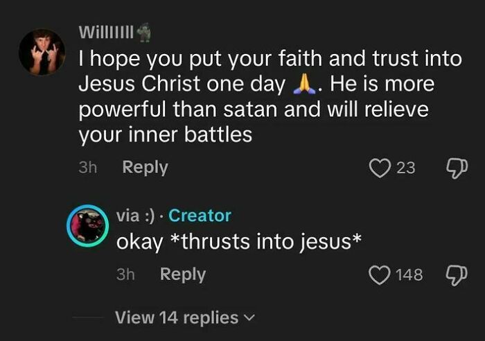 Screenshot of weird and funny TikTok comments showing a humorous and unhinged reply about faith and Jesus.