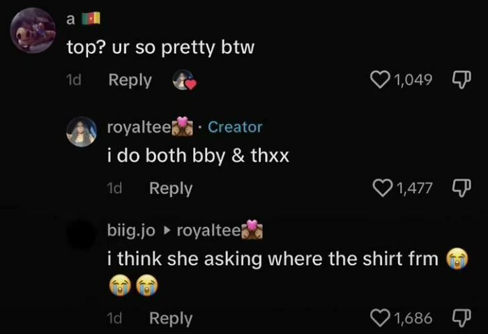 Screenshot of weird, funny, and unhinged TikTok comments with playful and confused messages on a black background.