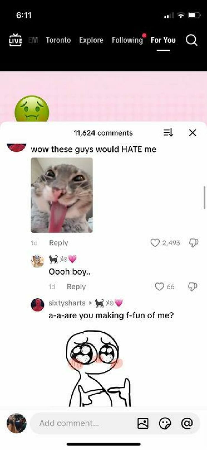 TikTok comments thread with a funny cat image and playful text showing weird and unhinged reactions.