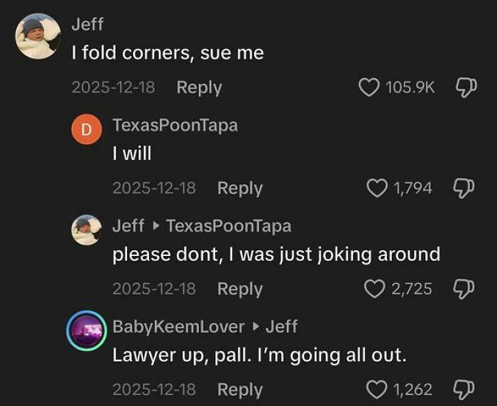 Screenshot of weird and funny TikTok comments with playful legal threats and jokes in a social media thread.