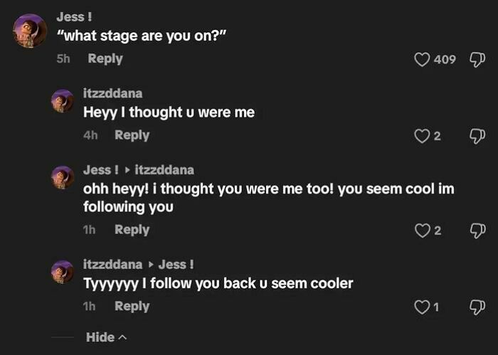 TikTok comments showing funny and unhinged conversation between two users humorously mistaking each other.