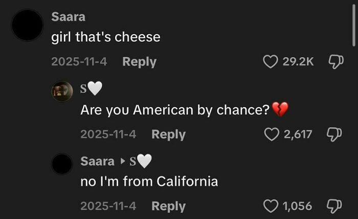 Screenshot of weird and funny TikTok comments showing a humorous exchange about cheese and American identity.