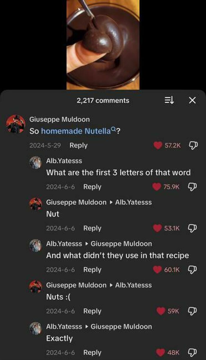 TikTok comments exchange about homemade Nutella missing nuts, showcasing weird and funny unhinged humor in the thread.