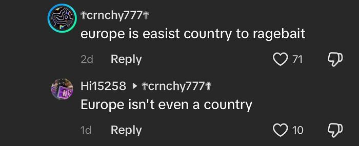 TikTok comments showing funny and weird exchanges about Europe and ragebait with likes and replies.