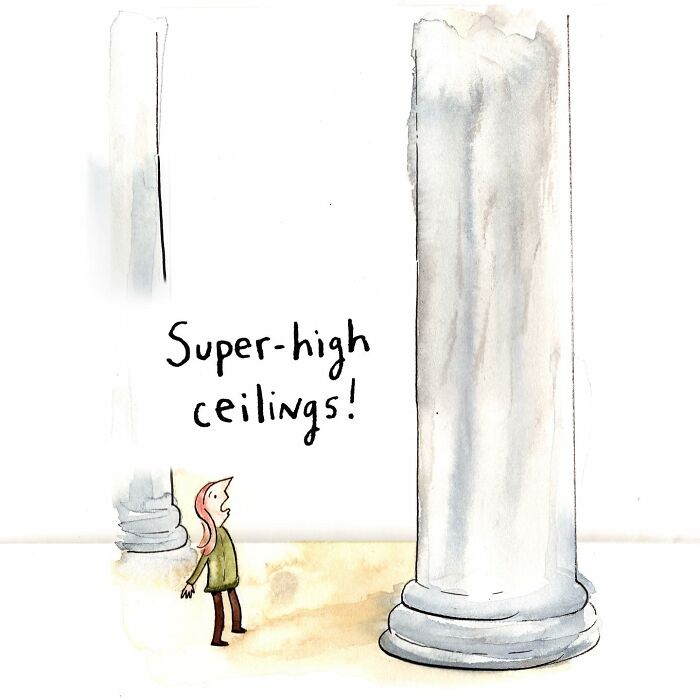 Watercolor comic showing a person admiring super-high ceilings with tall columns, illustrating modern life humor.
