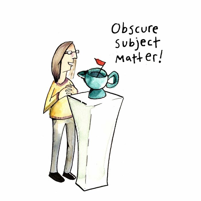 Watercolor comic showing a person admiring super-high ceilings with tall columns, illustrating modern life humor.