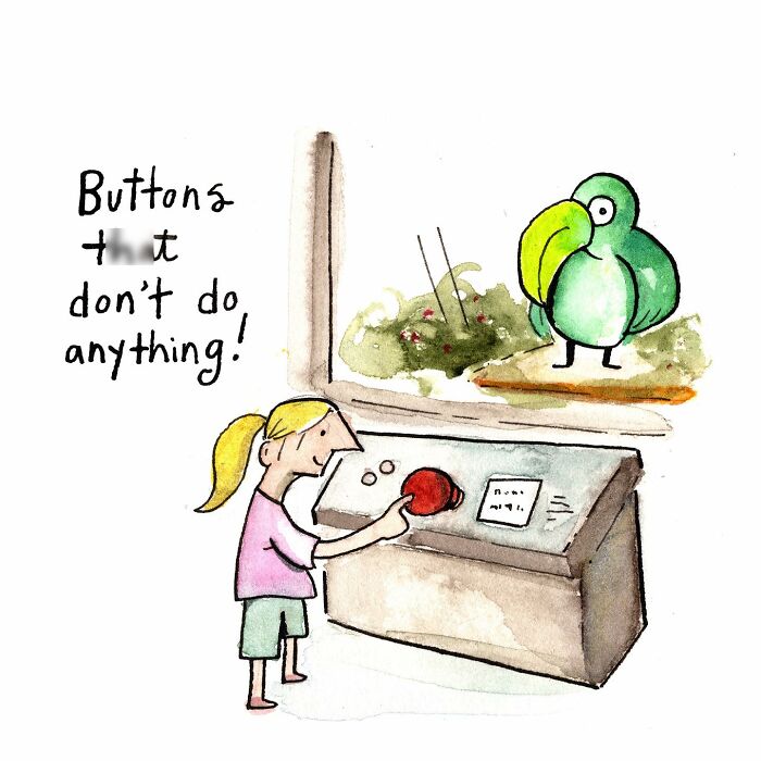 Watercolor comic showing a person admiring super-high ceilings with tall columns, illustrating modern life humor.