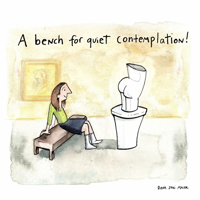 Watercolor comic showing a person admiring super-high ceilings with tall columns, illustrating modern life humor.