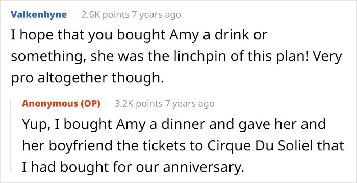 Screenshot of online comments discussing a plan involving Amy’s key role in an award winning act in court.