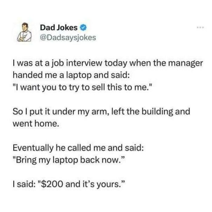 Funny recruitment nightmare joke about a job interview involving selling a laptop and unexpected outcomes.