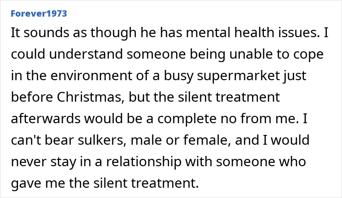Comment discussing mental health issues and coping in a busy supermarket, related to food shopping triggers. Comment discussing mental health issues and coping in a busy supermarket, related to food shopping triggers.