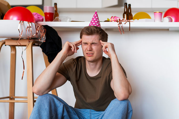 Young man in a birthday hat sitting on the floor stressed after a cruel prank planned by his girlfriend and male best friend.