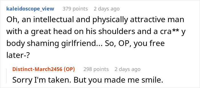 Screenshot of an online discussion about a woman demanding her swimmer boyfriend resembles her friend’s partner.