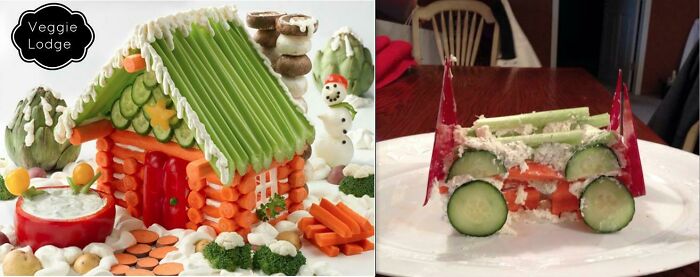 Two food-based DIY projects side by side, one a detailed veggie lodge, the other a poorly executed vegetable car fail.