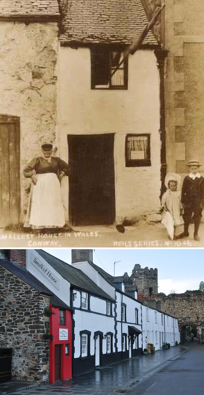 Historic site photos showing the smallest house in Wales in Conway, highlighting its history and preservation over time.