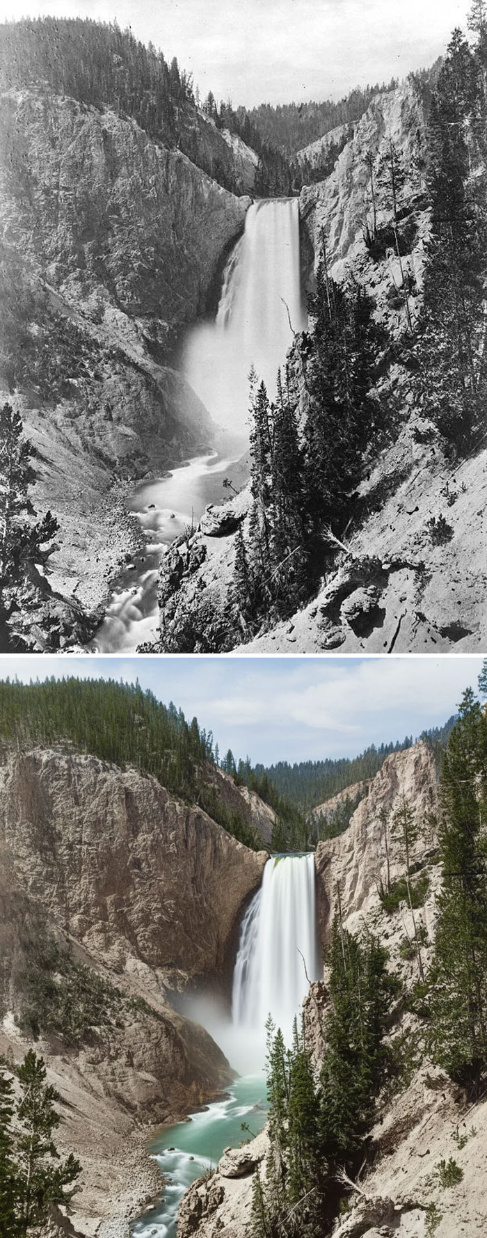 Historic site waterfall in a rugged landscape shown in black and white and color photos highlighting history repeated.