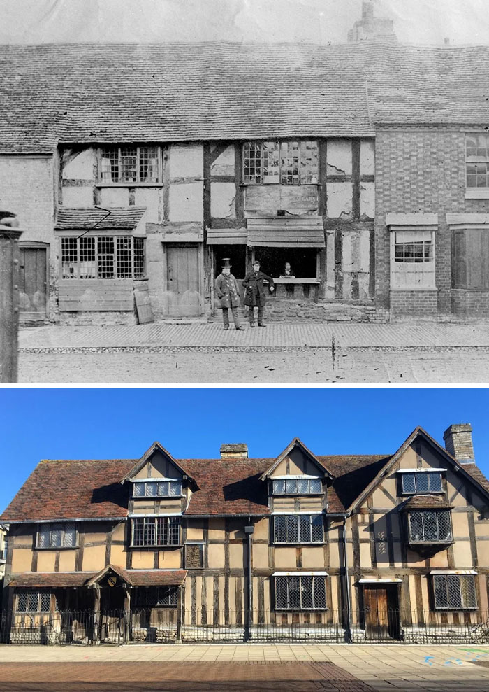 Historic site photos showing an old timber-framed building in black and white and modern color, highlighting history repeated.