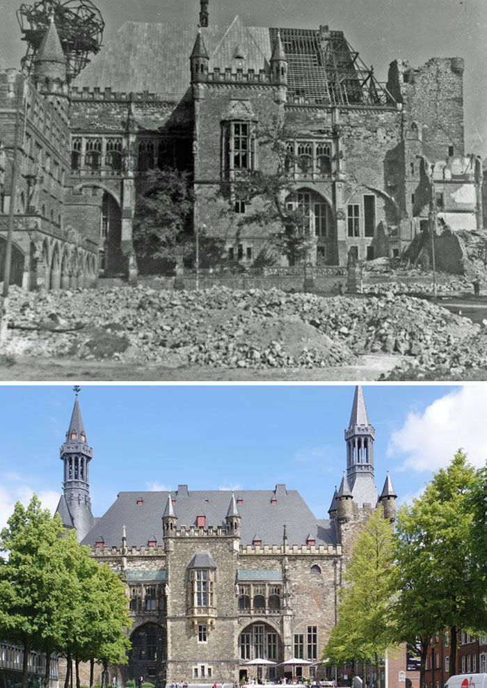 Historic site before and after restoration showing damaged and rebuilt architecture with trees and blue sky.