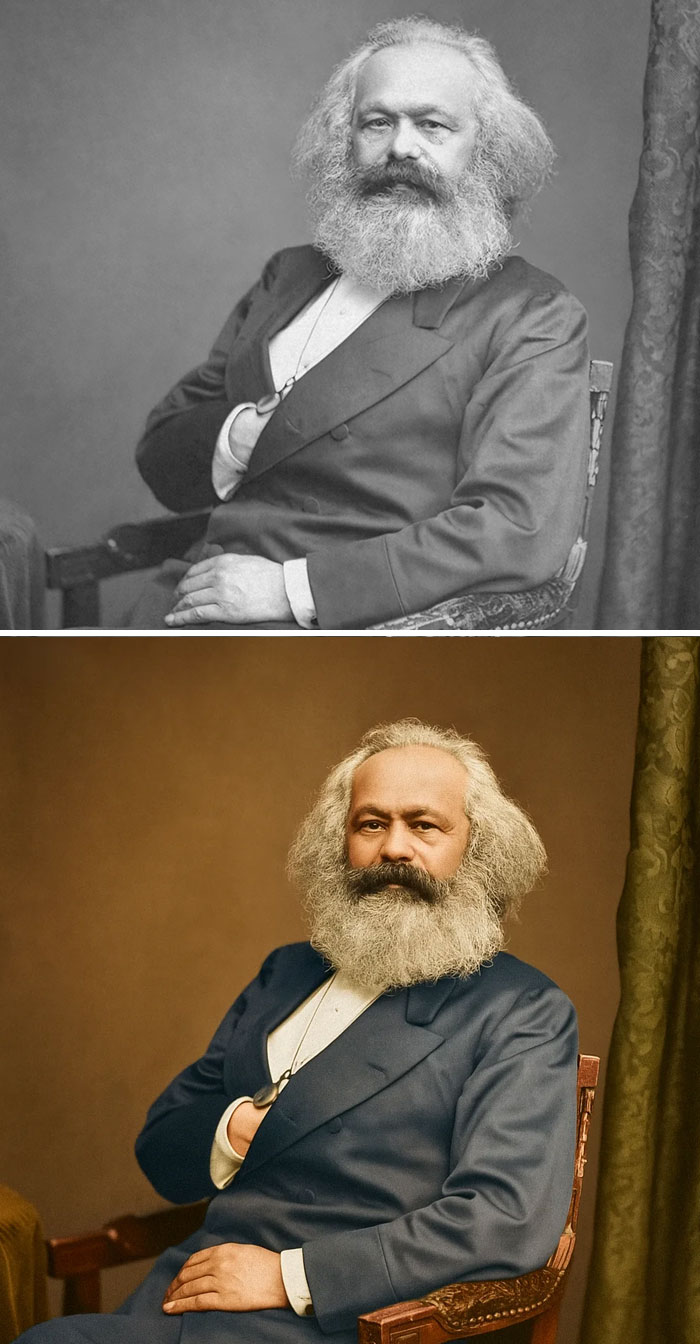 Black and color historic site photos showing a bearded man in formal attire teaching history through imagery.