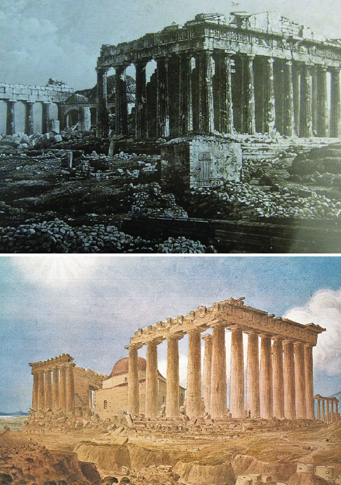 Historic site photos showing the ancient Parthenon ruins in black and white and a colored artistic reconstruction.