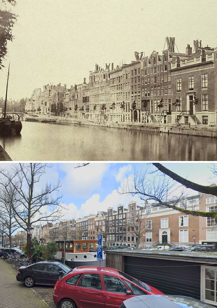 Historic site photos showing a canal and row of buildings in a city, comparing past and present views.