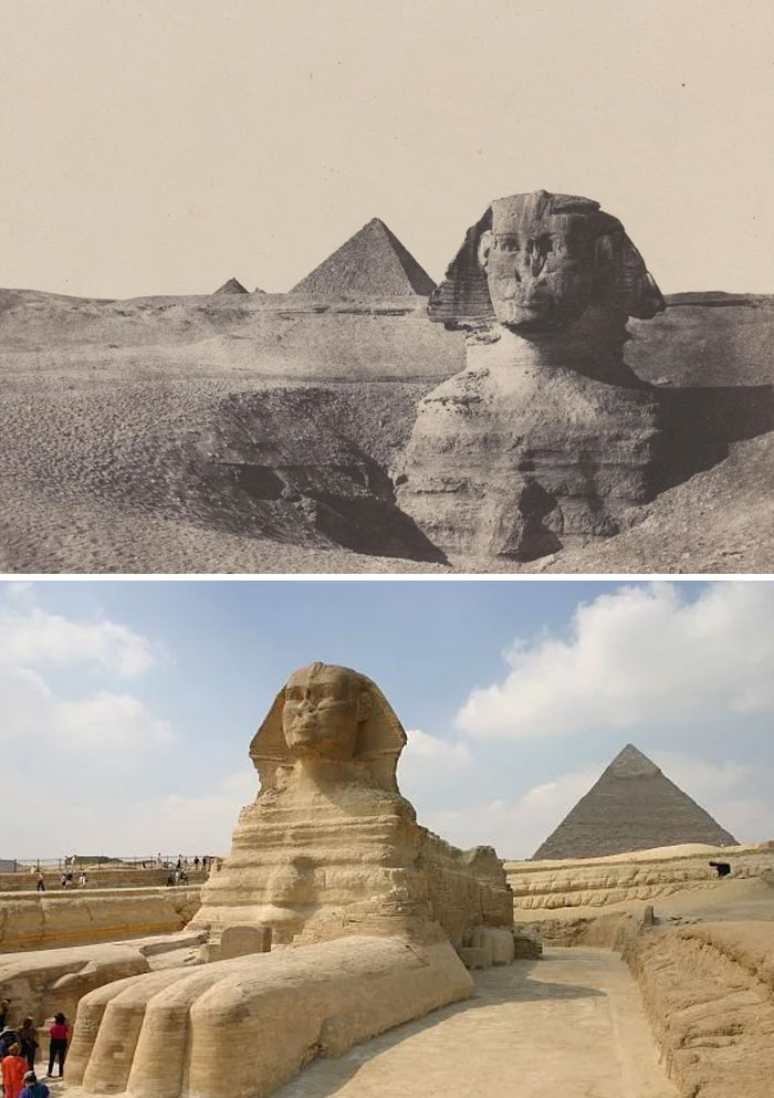 The Great Sphinx and pyramids historic site photos showing history repeated over time in Egypt desert.