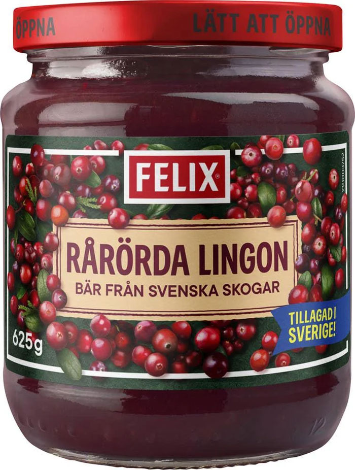 Jar of Felix brand lingonberry jam, a unique household item popular in Sweden and rare elsewhere.