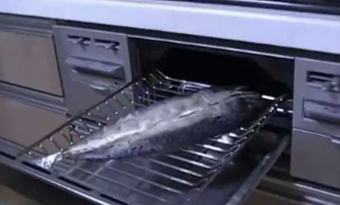 Household item showing a fish grilling device inside a kitchen oven unique to certain countries.