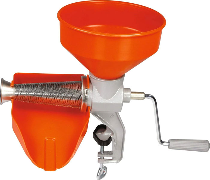 Manual orange and silver household item grinder with a crank handle, used for unique food processing in homes.