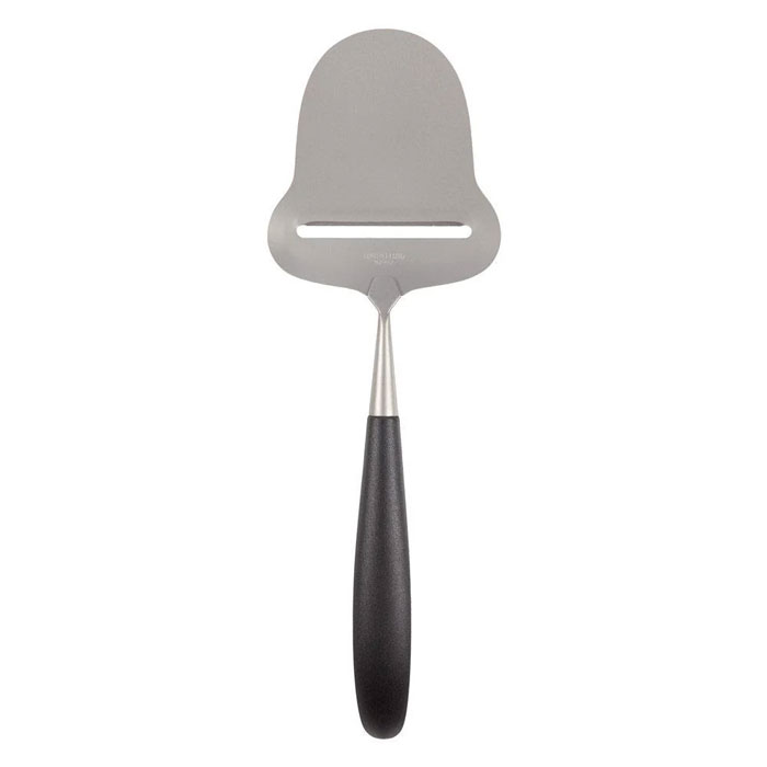 Unique household item cheese slicer with black handle and metal blade found almost nowhere else globally.