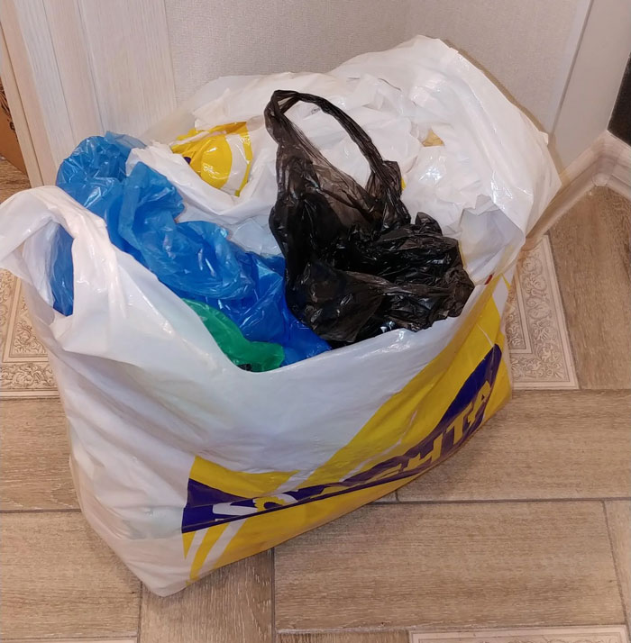 Plastic bags in a household bag, showing unique household items that exist in specific countries only.