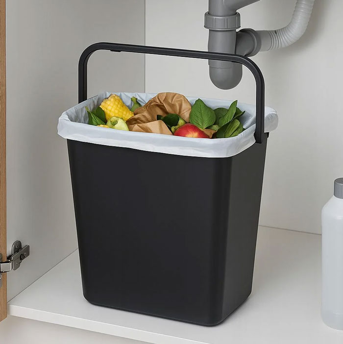 Black kitchen compost bin with handle filled with organic waste showing unique household items for waste management.