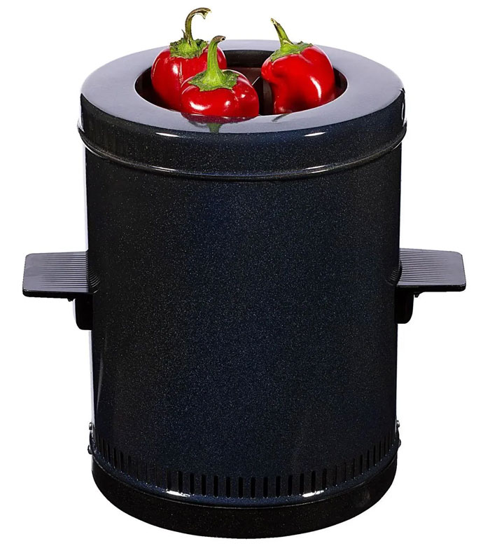 Black household item with red peppers inside, unique household item shared by people from different countries.