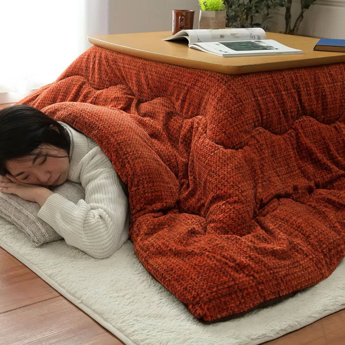 Person resting under a Japanese kotatsu, a unique household item shared by 100 people around the world.