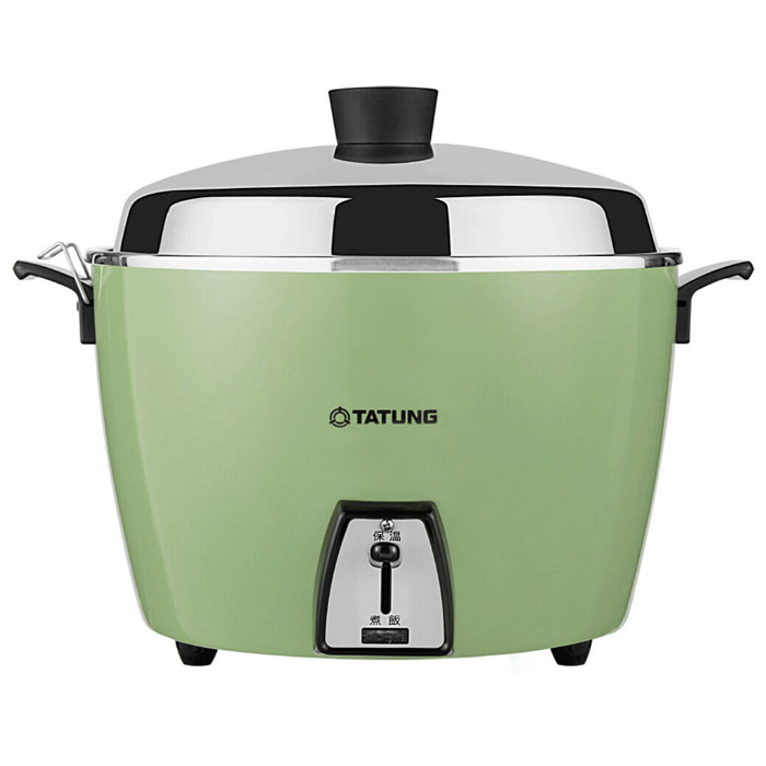 Green Tatung rice cooker with stainless steel lid and black handles, a unique household item found mostly in certain countries.