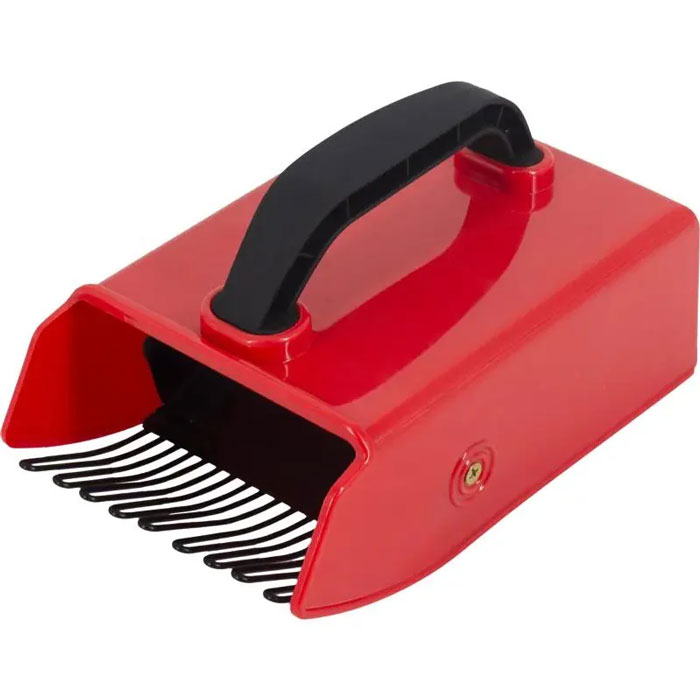 Red handheld household item with black tines and handle, unique to certain countries and rarely found elsewhere.
