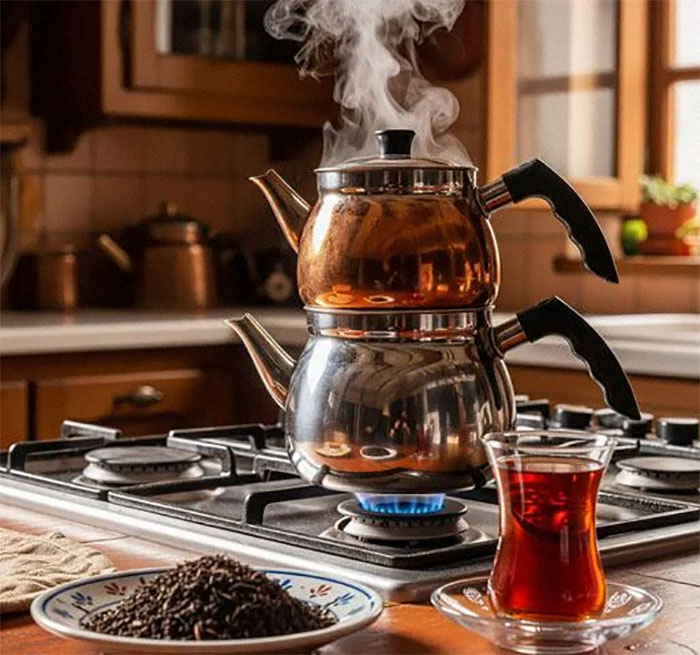 Traditional Turkish tea set with double stacked teapot brewing tea on stove, showcasing unique household items from different countries.