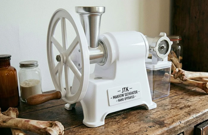 Hand-operated marrow separator on a wooden table, an unusual household item shared by people from specific countries.
