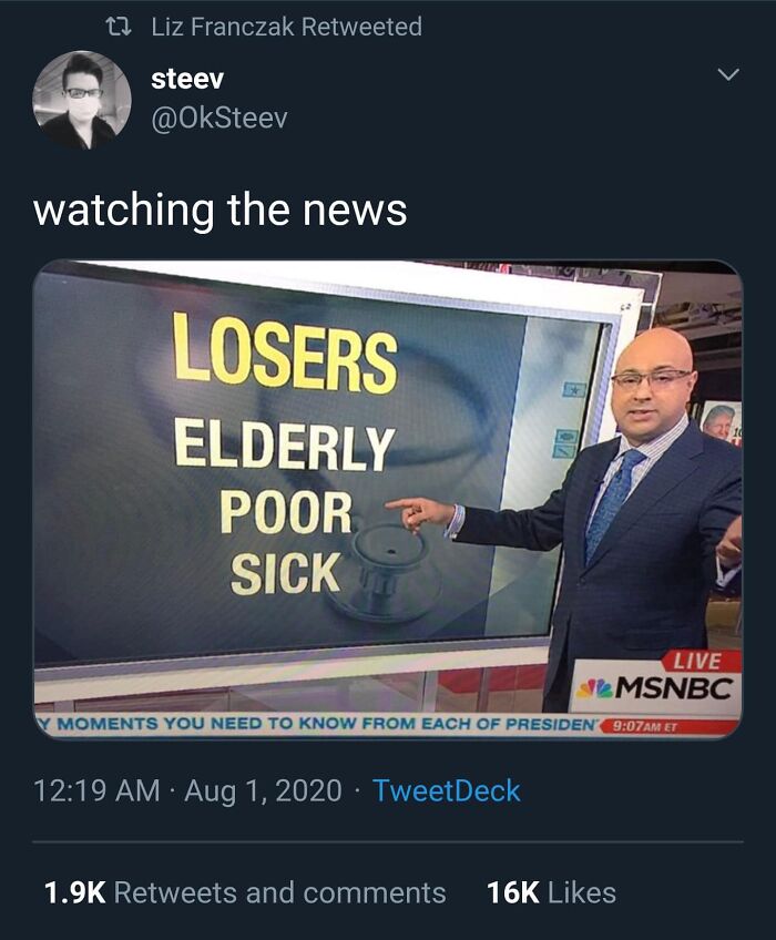 News anchor pointing at screen with words losers, elderly, poor, sick, highlighting dystopia reality on live TV.