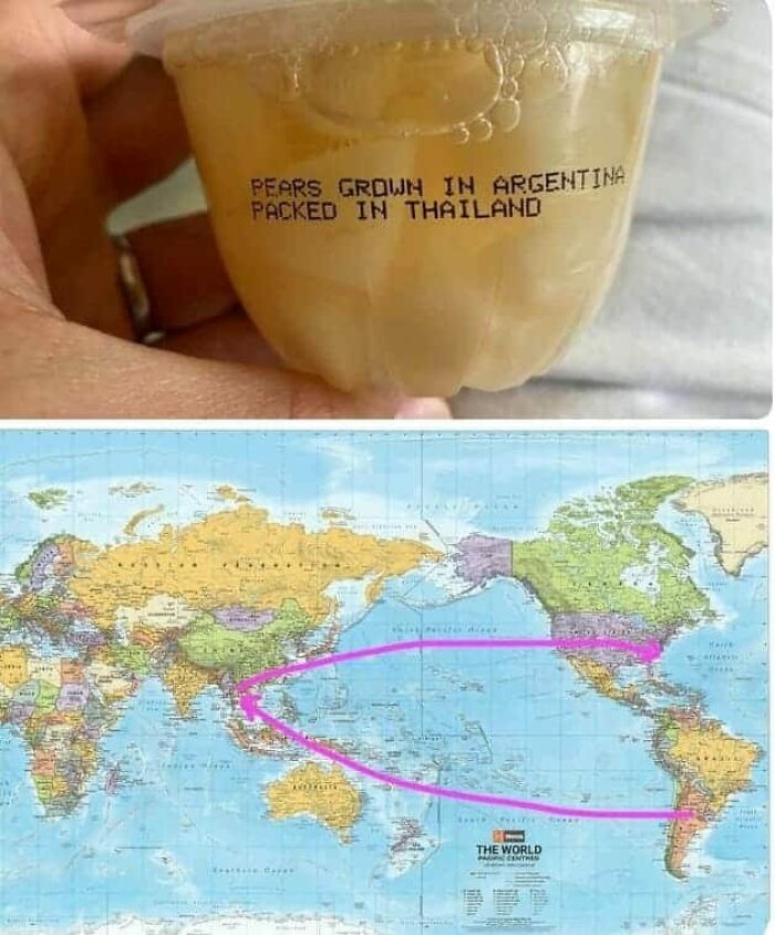 Clear plastic container labeled pears grown in Argentina and packed in Thailand, highlighting dystopia post irony.