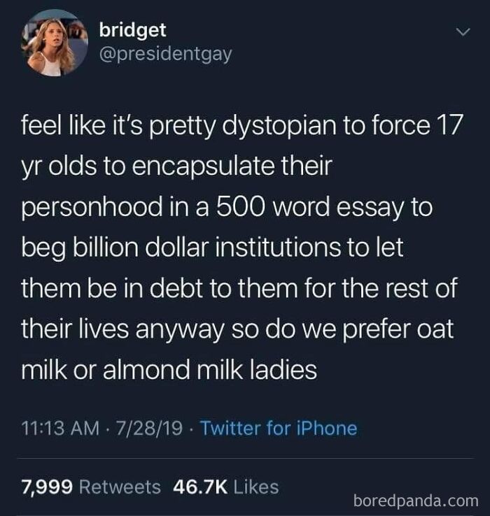 Tweet about dystopian reality of student debt and personal essays, reflecting themes of an actual dystopia in society today.