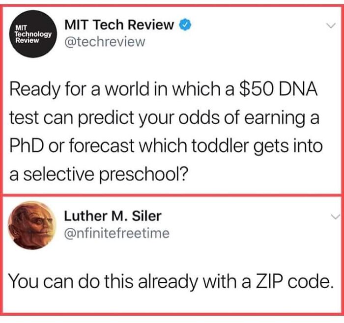Tweet discussing DNA tests predicting educational outcomes, highlighting dystopia and societal inequalities with a ZIP code comparison.