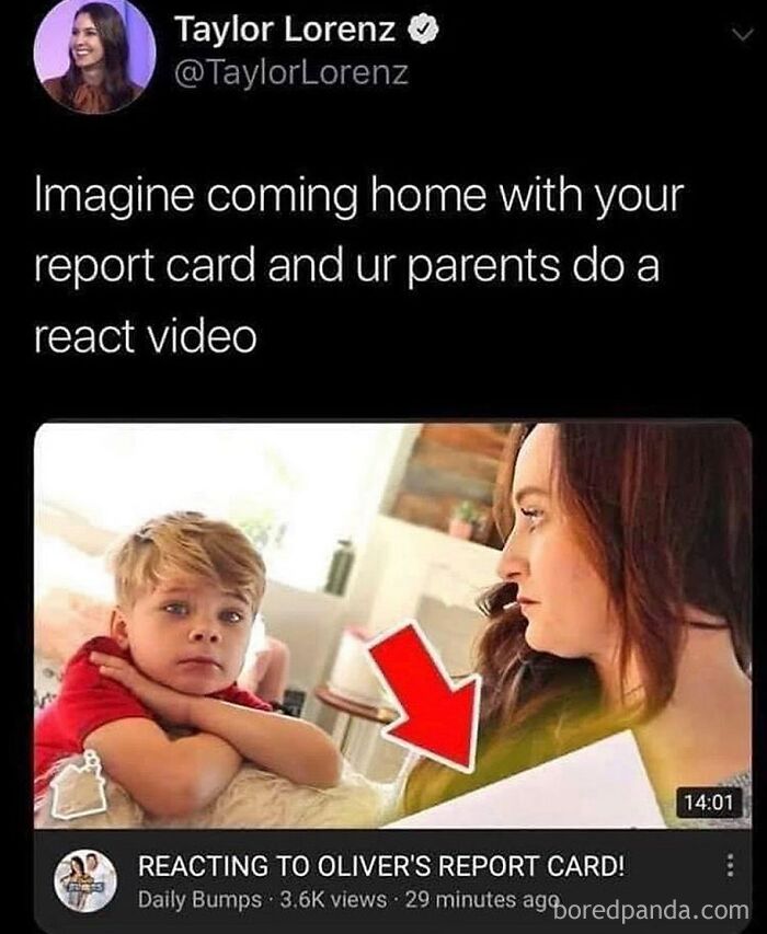 Screenshot of a dystopia-themed social media post showing a child and parent reacting to a report card in a video.