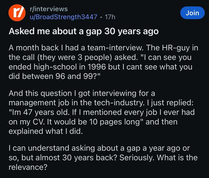 Reddit post discussing a 30-year employment gap question during a tech industry interview, showing dystopian job challenges.