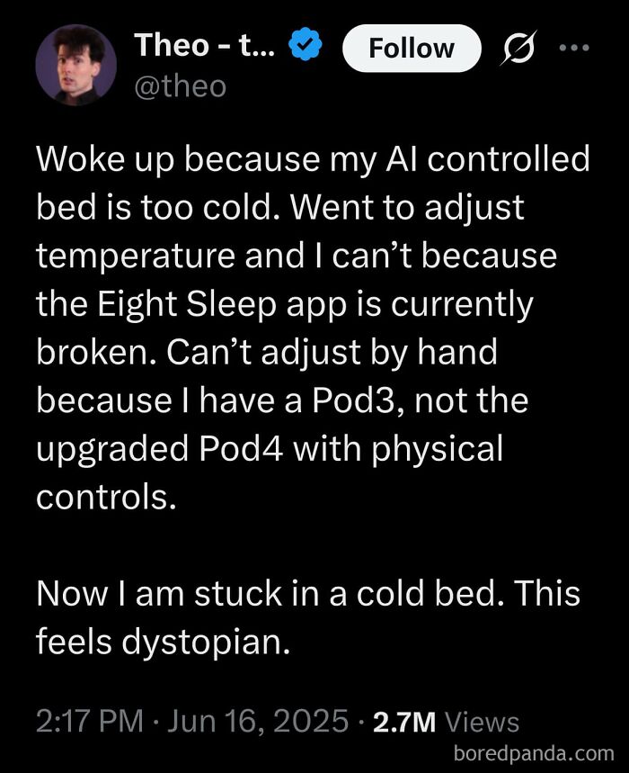 Tweet about AI-controlled bed being too cold, app malfunction, and feeling stuck in a dystopian situation.