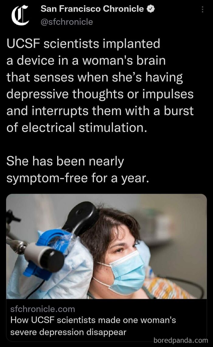 Woman with brain implant device to interrupt depressive thoughts, highlighting living in an actual dystopia with mental health advances.